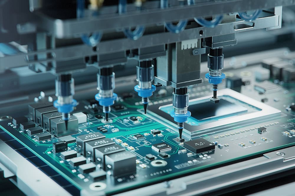 Automatic Pick and Place machine quickly installs Components on Generic Circuit Board. Electronics and Circuit board Manufacturing. Bright Environment
